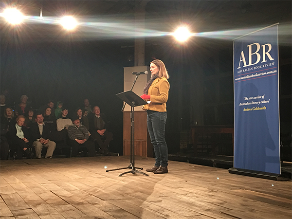 Claire Aman, who received third place in the Jolley Prize, reading her story 'Vasco'.
