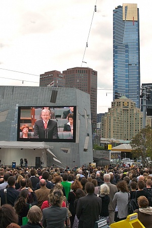 Prime Minister Kevin Rudd onscreen in Federation Square, Melbourne, apologising to the Stolen Generations
