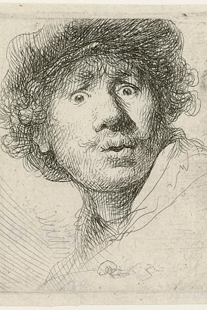 Rembrandt Harmensz, Self-portrait in a cap, wide-eyed and open-mouthed, 1630 (photograph by Rijksmuseum and courtesy of National Gallery of Victoria).