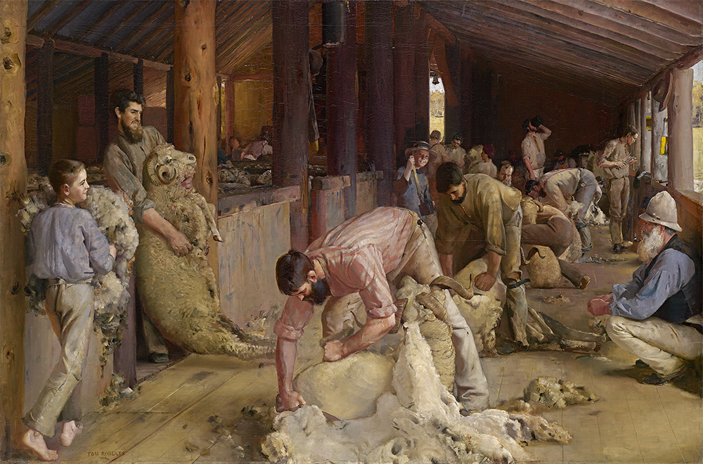 Tom Roberts, Australia 1856–1931, Shearing the rams, 1890, oil on canvas on composition board, 122.4 x 183.3 cm. National Gallery of Victoria, Melbourne Felton Bequest, 1932
