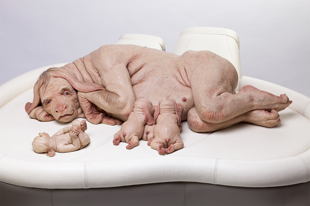 Patricia Piccinini, The Young Family, 2002. Silicone, fibreglass, leather, human hair, plywood, 85 x 150 x 120 cm approx. Bendigo Art Gallery, Victoria RHS Abbott Bequest Fund, 2003 (Courtesy the artist , Tolarno Galleries, Melbourne and Roslyn Oxley9 Gallery, Sydney)