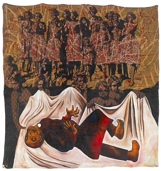 Julie Dowling Badimaya born 1969 Goodbye white fella religion 1992 synthetic polymer paint, earth pigments and blood on canvas 174.5 x 164.5 cm National Gallery of Victoria, Melbourne Purchased, NGV Foundation, 2007 © Julie Dowling/Licensed by Viscopy, 2017