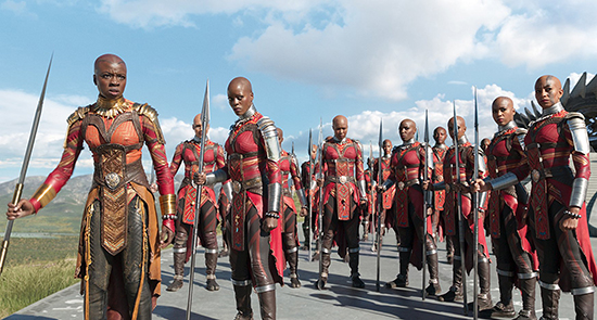 Danai Gurira and Florence Kasumba and the Dora Milaje in Black Panther