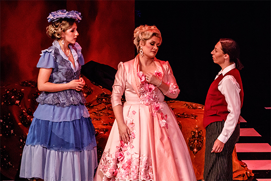 Anna Voshege as Sophie, Lee Abrahmsen as Marschallin, and Danielle Calder as Count Octavian in Melbourne Opera's production of Der Rosenkavalier