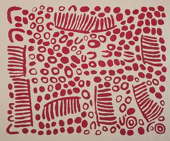 Wintjiya Napaltjarri, Women’s Ceremonies at Watanuma, 2007, Synthetic polymer paint on canvas, 59 7/8 x 71 7/8 in. Collection of Debra and Dennis Scholl © Wintjiya Napaltjarri, licensed by Aboriginal Artists Agency Ltd., courtesy Papunya Tula Artists. (Photo taken by reviewer)