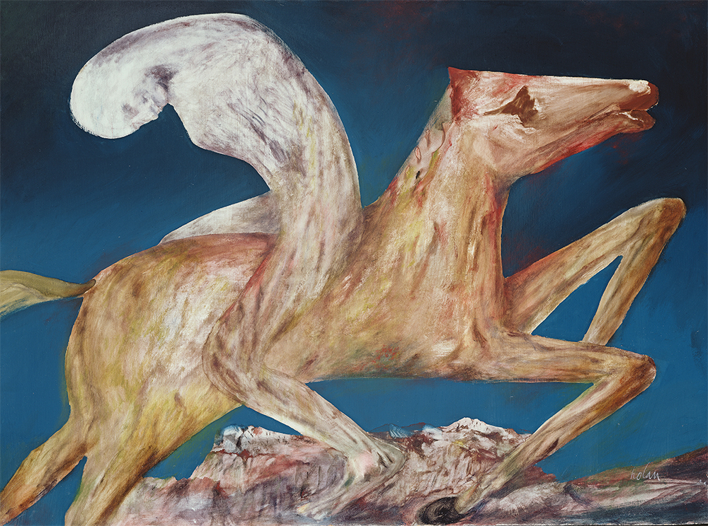 Sidney Nolan Pale Figure on a Horse 1956 oil and enamel paint on composition board 91.5 x 122.0 cm Private Collection © The Trustees of the Sidney Nolan Trust / Bridgeman Images. Copyright is now managed by the Copyright Agency. Photo © Agnew's, London / Bridgeman Images