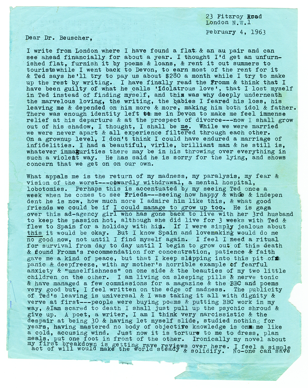 Sylvia Plath to Ruth Beuscher Smith, 4 February 1963, page 1 of 2 (photograph via Mortimer Rare Book Collection, Smith College Special Collections)