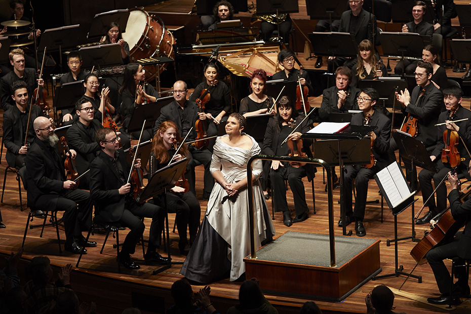 Deborah Cheetham performing in Eumeralla: A war requiem for peace with the Melbourne Symphony Orchestra (photograph by Laura Manariti)