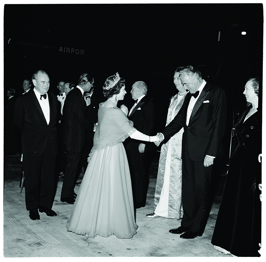 Queen Elizabeth II departing Australia at the Sydney airport farewelled by Prime Minister Gough Whitlam, 1973 (National Archives of Australia NAA A6180 2510733)
