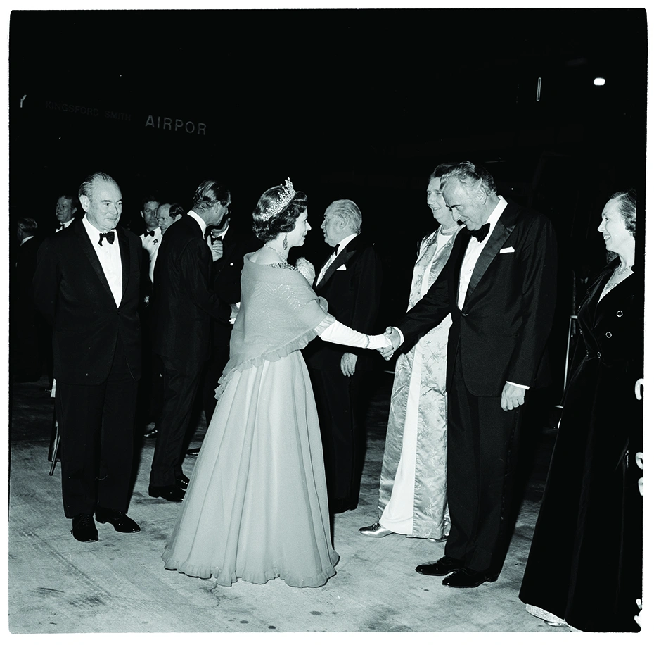 Queen Elizabeth II departing Australia at the Sydney airport farewelled by Prime Minister Gough Whitlam, 1973 (National Archives of Australia NAA A6180 2510733)
