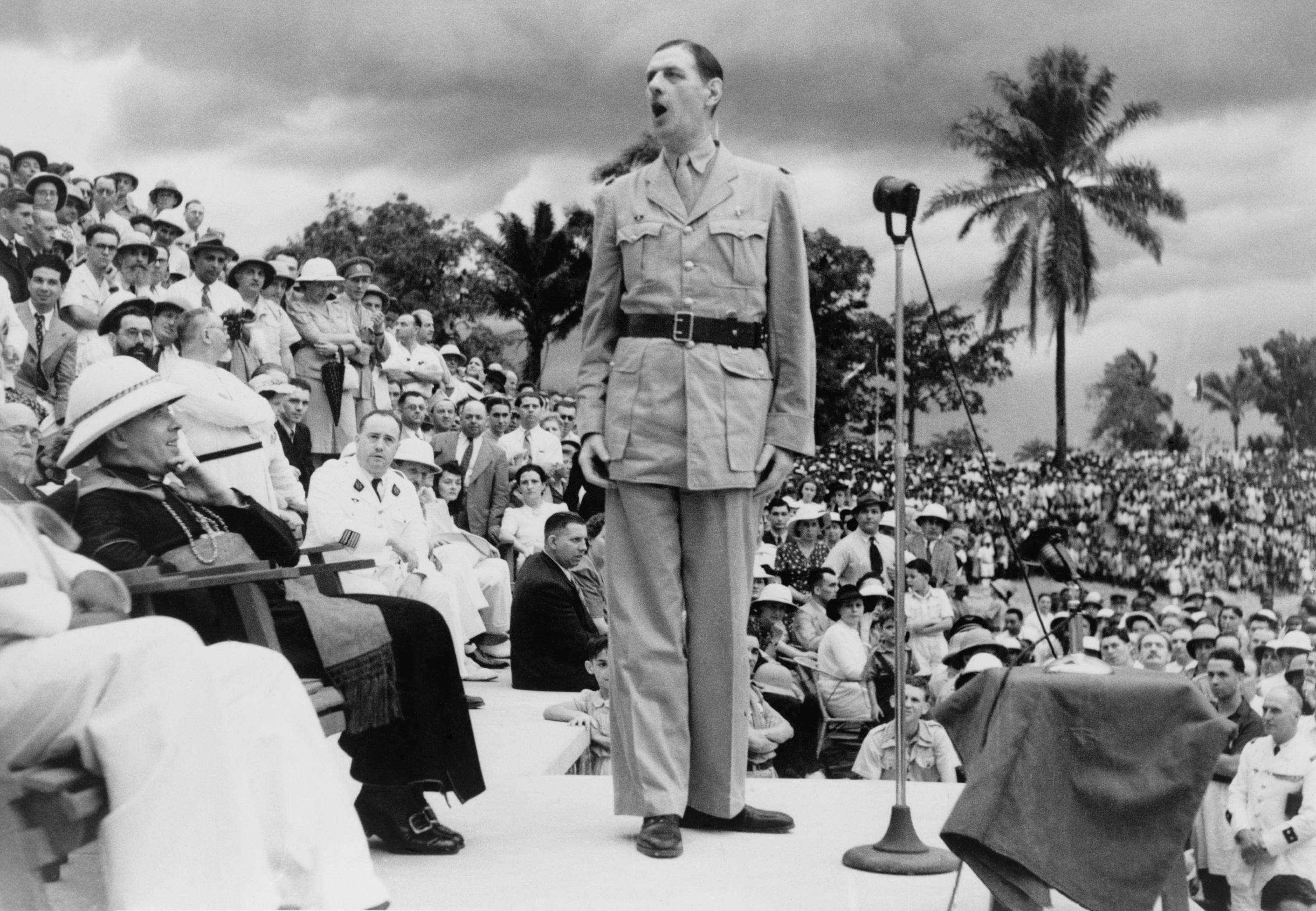 General Charles de Gaulle speaking at the African-French Conference in Brazzaville, Congo, 1944 (Everett Collection Historical/Alamy Stock Photo)