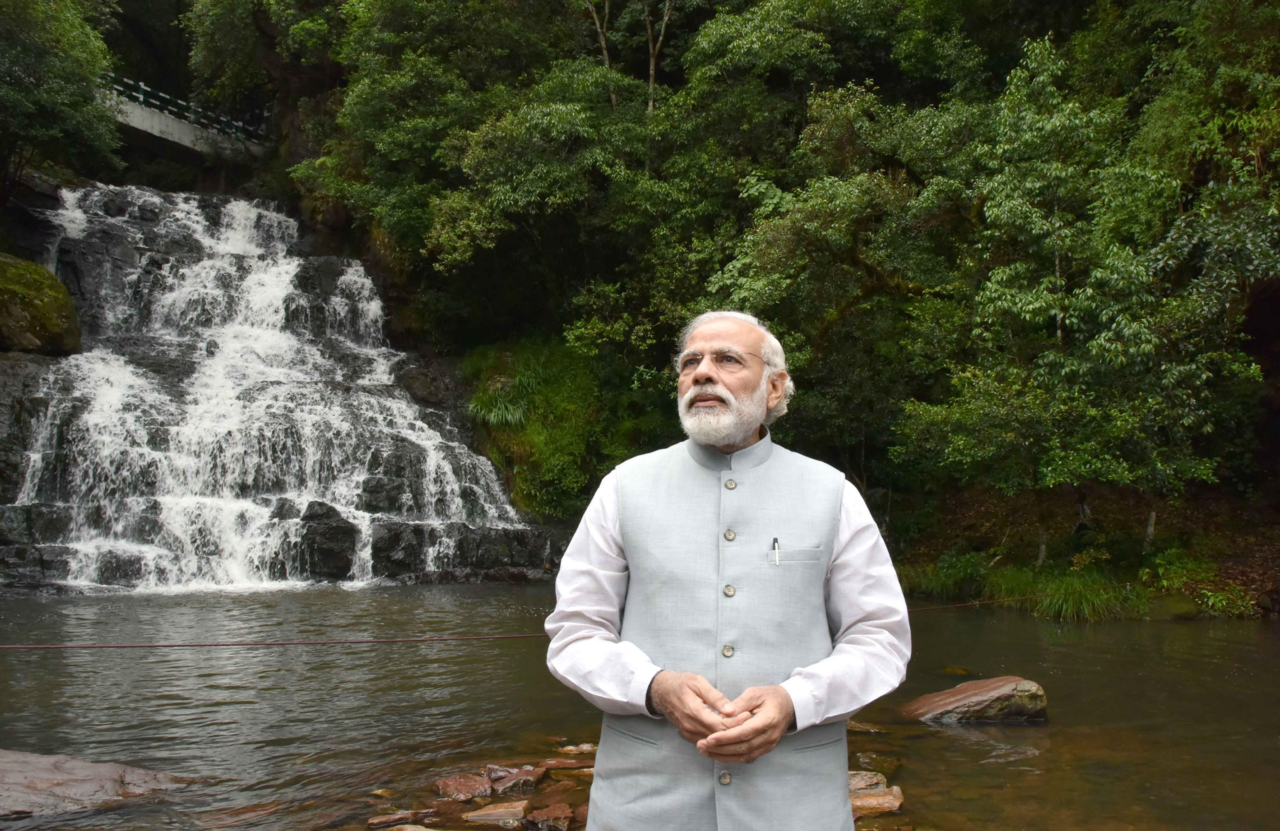 Indian Prime Minister Narendra Modi tours Elephant Falls in Shillong, Meghalaya, India (photograph via PIB/Alamy)