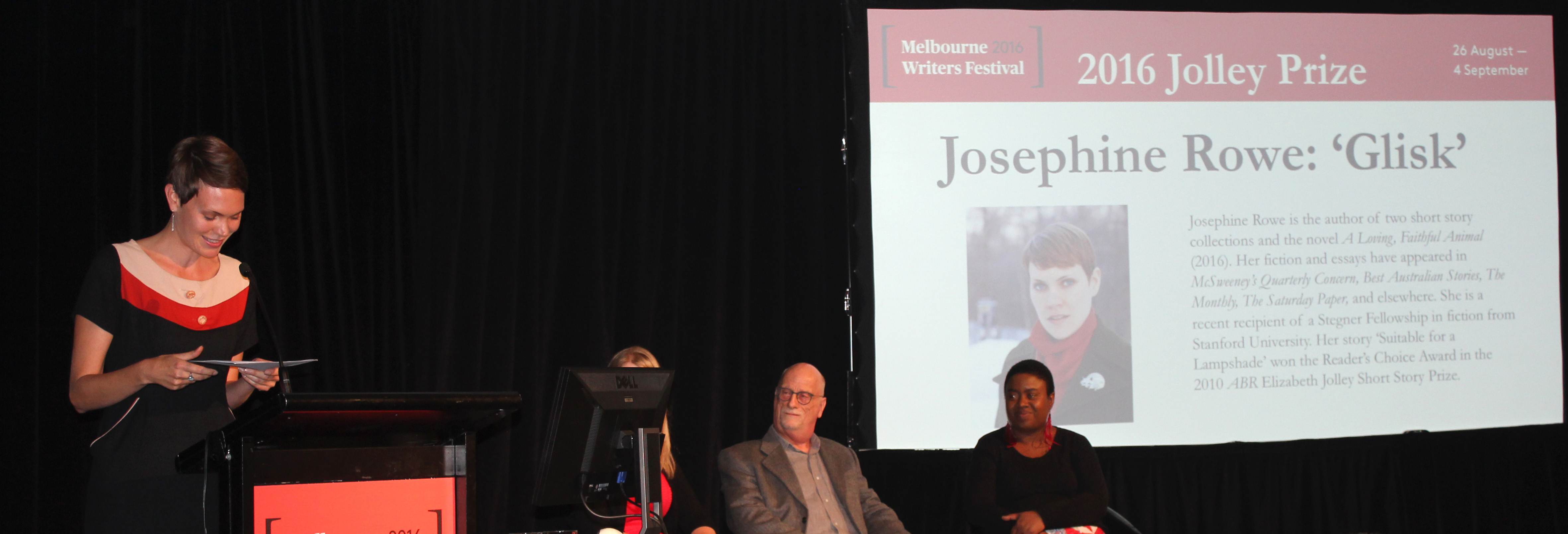 Josephine Rowe reads from her winning story 'Glisk' at the 2016 Jolley Prize ceremony at the Melbourne Writers Festival