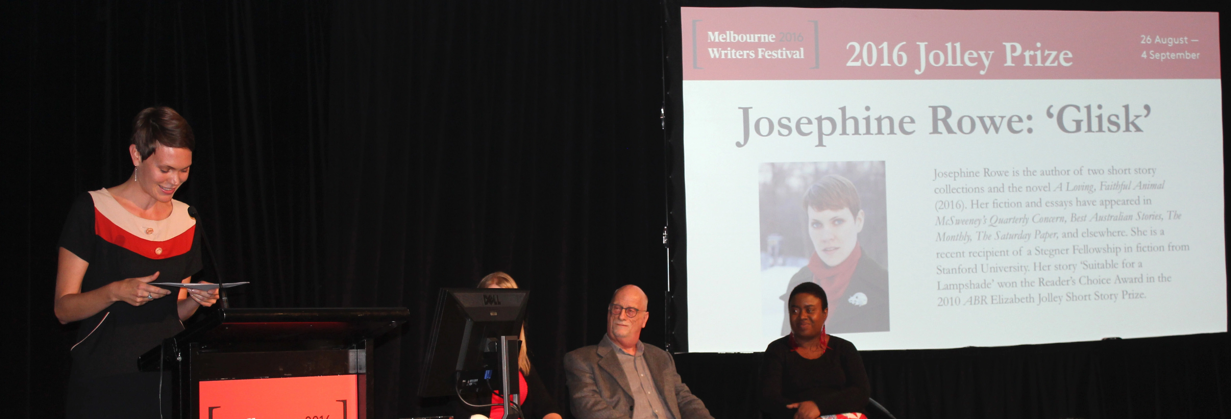 Josephine Rowe reads from her winning story 'Glisk' at the 2016 Jolley Prize ceremony at the Melbourne Writers Festival