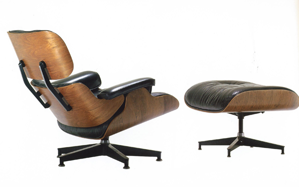 Charles and Ray Eames furniture. Model 670 lounge chair with matching 671 ottoman, Herman Miller, 1956, in rosewood plywood, enamelled aluminium and leather upholstery