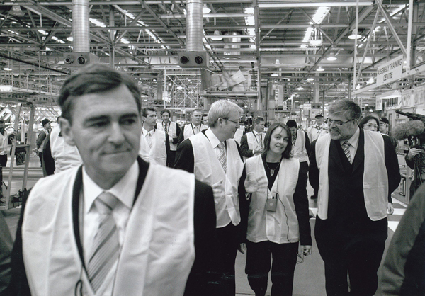 A visit by Prime Minister Kevin Rudd and Victorian Premier John Brumby to the Toyota car manufacturing plant in Altona, Victoria. They were accompanied by Senator Kim Carr and Health Minister Nicola Roxon. July 2008.