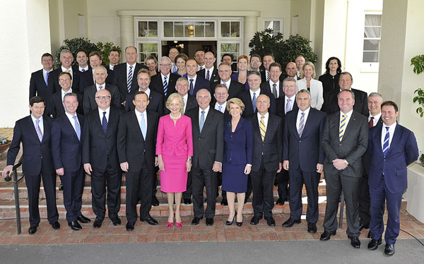 Quentin Bryce with the newly sworn in Abbott Ministry cropped