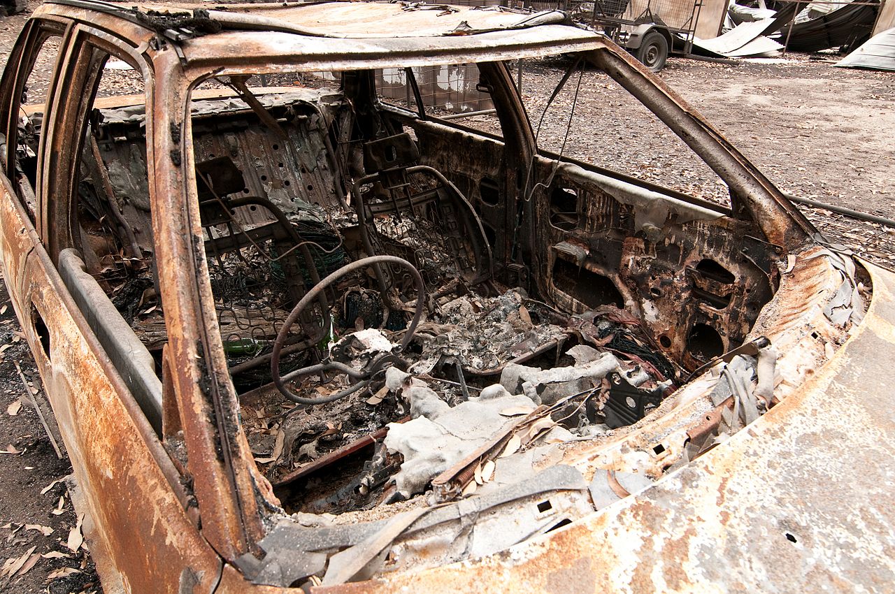 A burntout car at Kinglake after the Black Saturday bushfires (photo by Nick Pitsas, CSIRO)
