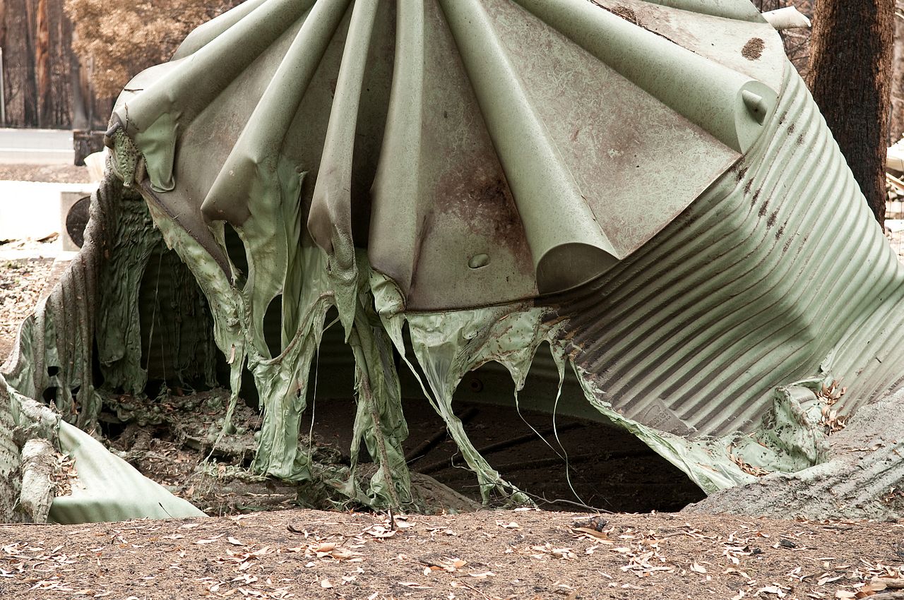 Water tank melted by fire at Kinglake after the Black Saturday bushfires (photo by Nick Pitsas, CSIRO)