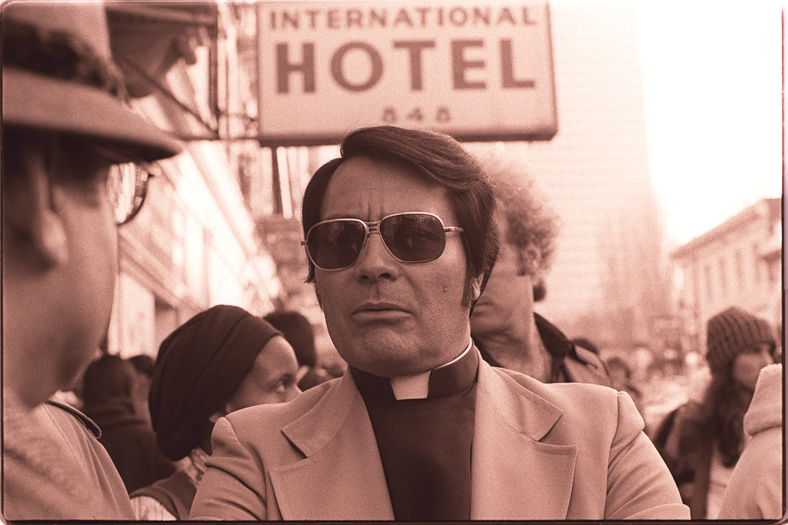 Jim Jones at an anti-eviction rally in Manilatown, January 16, 1977. (Photograph by Nancy Wong)