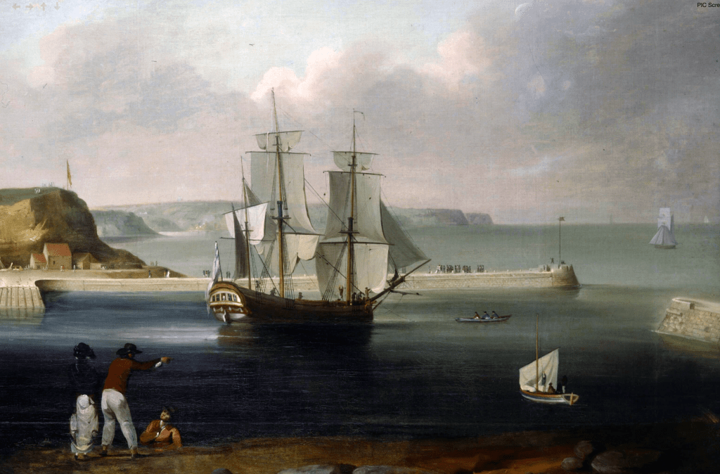 Painting by Thomas Luny of the Earl of Pembroke, later the HMS Endeavour, leaving Whitby Harbour in 1768 (photo via Wikimedia Commons)
