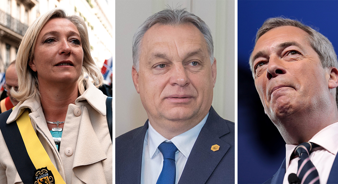 Marine Le Pen, President of the National Front; Viktor Orbán, Prime Minister of Hungary and the Fidesz party; Nigel Farage, former leader of the Farage resigned as leader of the United Kingdom Independence Party (photos via Marie-Lan Nguyen, Wiki Commons)