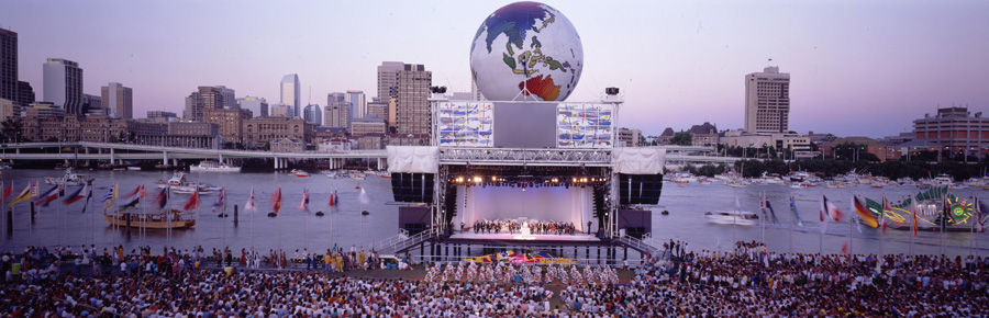 A panorama view of the stage and Brisbane River during World Expo 88. (Photo by Brisbane City Council)