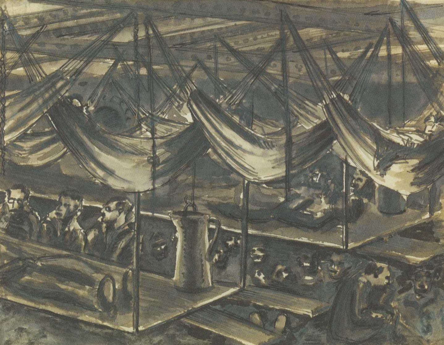 An artwork by Emil Wittenberg documenting the crowding living quarters on the Dunera. (Source and copyright: Martin Burman)