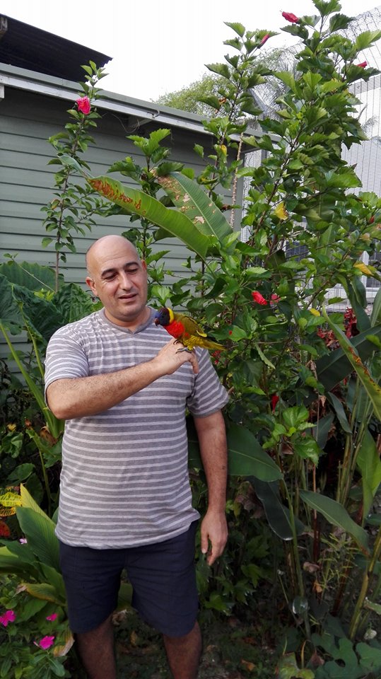 Mohammad Ali Maleki with a rainbow lorikeet in his graden on manus island. (Photo via Rochford Street Review)