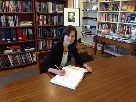 Calibre Essay prize winner Christine Piper signs the guestbook at Boyd YEAR