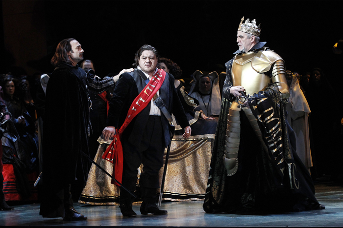 José Carbó (Rodrigo, Count of Posa), Diego Torre (Don Carlos) and Giacomo Prestia (Philip II) in Opera Australia's Don Carlos.