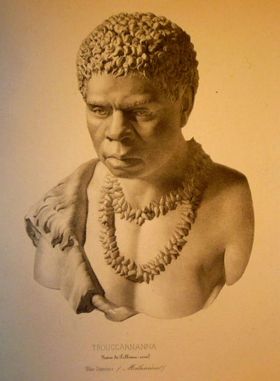 Thierry frères, lithographers, after Benjamin Law (1807–1890), sculptor, Trouggarnanna, Native de Sullivan-cove, Wan-Dieménie (Mélanésie) c.1850, lithograph, from Charles Jacquinot (ed.), Voyage au Pôle Sud et dans l’Océanie: sur les corvettes l’Astrolabe et la Zélée, exécutée ... pendant les années 1837– 1838–1839–1840, sous le commandement de M.J. Dumont d’Urville, Paris: Gide, 1841–1855, Atlas: Anthropologie, plate 23, La Trobe Rare Books Collection, State Library of Victoria