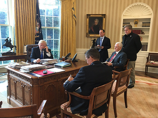 Donald Trump speaking with Vladimir Putin in the Oval Office