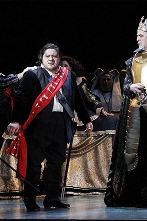 José Carbó (Rodrigo, Count of Posa), Diego Torre (Don Carlos) and Giacomo Prestia (Philip II) in Opera Australia's Don Carlos.