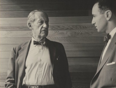 Max Dupain, portrait of Walter Gropius with Harry Seidler in Sydney inside the Julian Rose House, Wahroonga NSW 