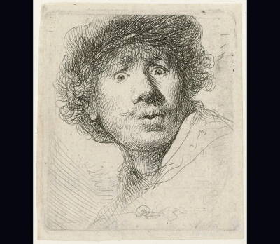 Rembrandt Harmensz, Self-portrait in a cap, wide-eyed and open-mouthed, 1630 (photograph by Rijksmuseum and courtesy of National Gallery of Victoria).