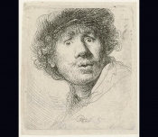 Rembrandt Harmensz, Self-portrait in a cap, wide-eyed and open-mouthed, 1630 (photograph by Rijksmuseum and courtesy of National Gallery of Victoria).